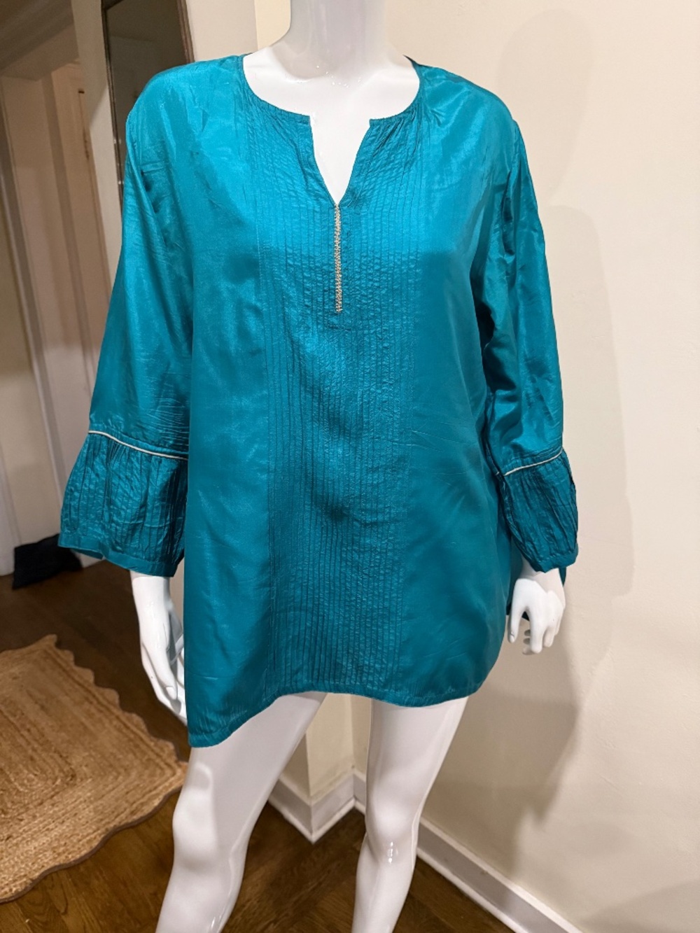 Anokhi India 100% Silk Teal Pintuck Tunic Blouse XL